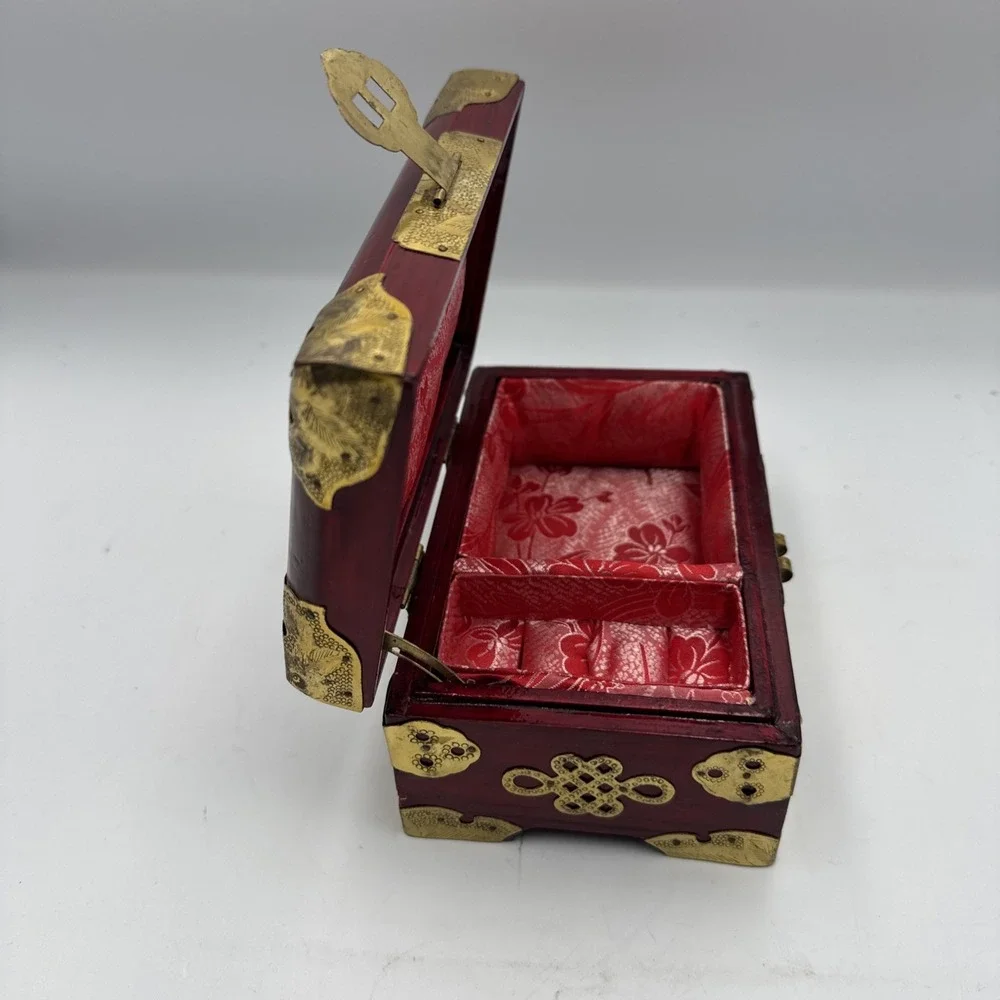 Vintage Chinese Rosewood Jewelry Box Jade Inlay Brass & Silk Accents